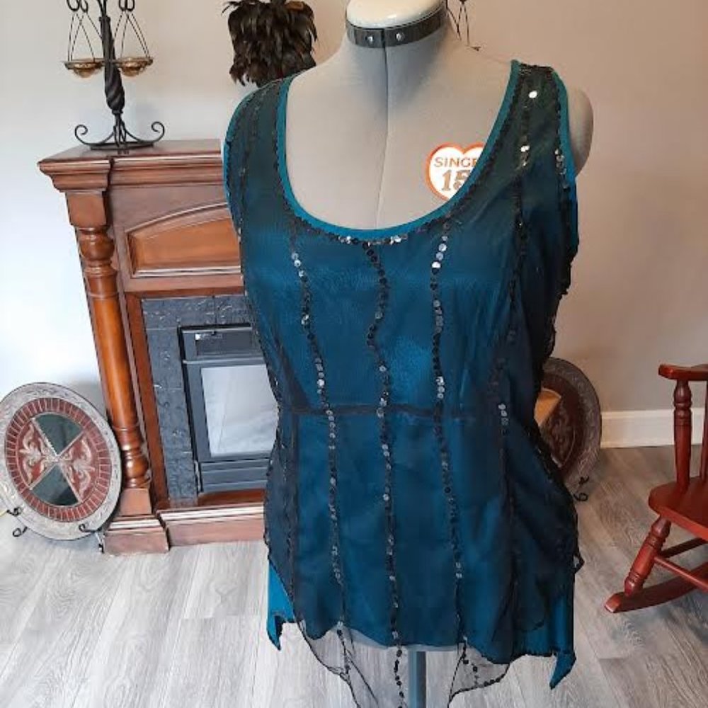 Claire.dk New With Tags ladies teal tank, black mesh and sequin overlay